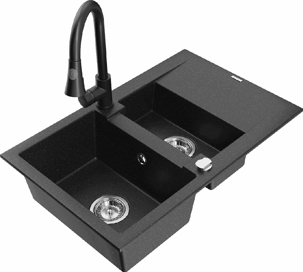 Granitinė virtuvinė plautuvė Mexen Gaspar su maišytuvu ir sifonu, Metallic juodas/sidabrinis+Juodas