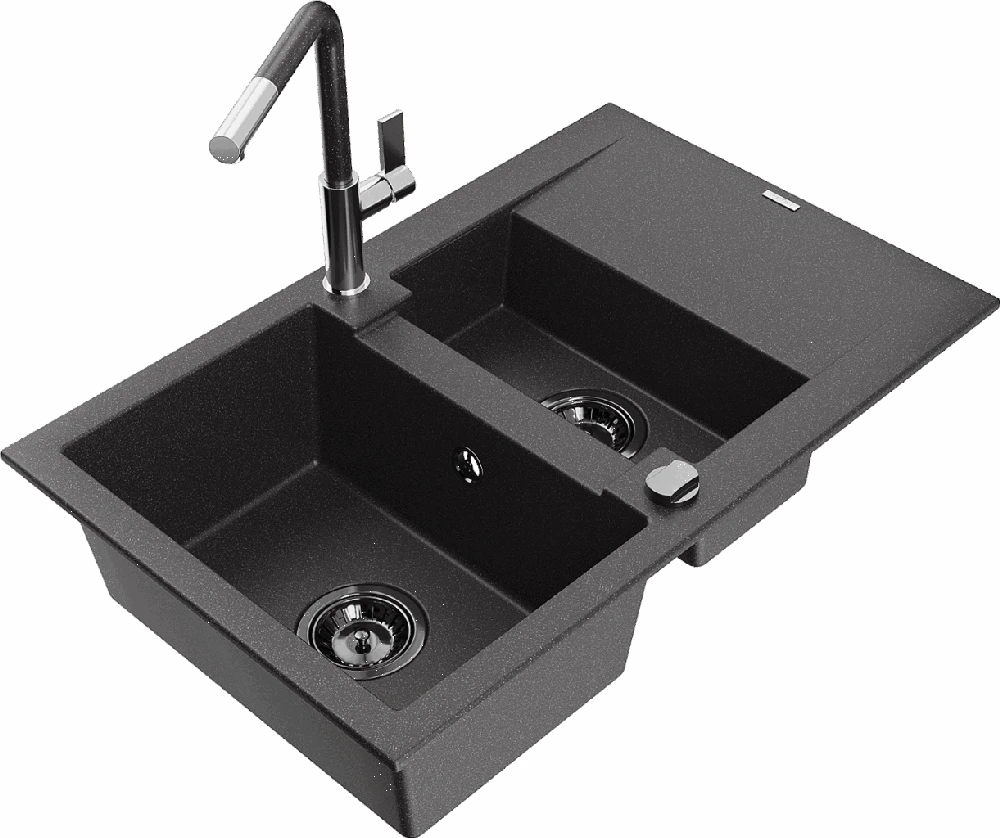 Granitinė virtuvinė plautuvė Mexen Gaspar su maišytuvu ir sifonu, Juodas granite+Juodas granite/Chrome