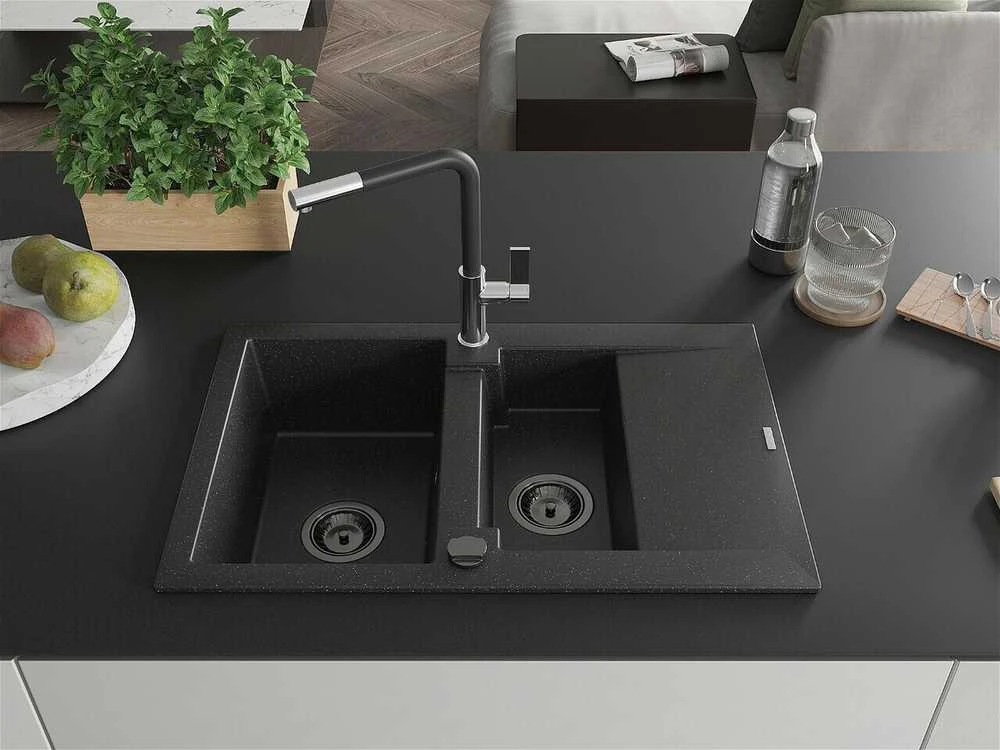 Granitinė virtuvinė plautuvė Mexen Gaspar su maišytuvu ir sifonu, Metallic juodas/sidabrinis+Juodas/Chrome