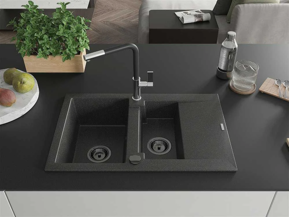 Granitinė virtuvinė plautuvė Mexen Gaspar su maišytuvu ir sifonu, Juodas granite+Juodas/Chrome