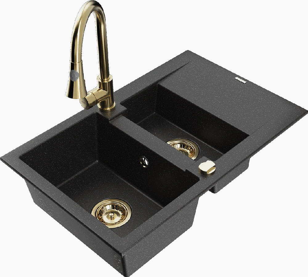 Granitinė virtuvinė plautuvė Mexen Gaspar su maišytuvu ir sifonu, Metallic juodas/sidabrinis+Gold
