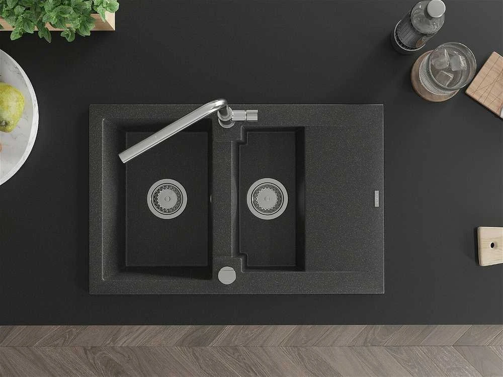 Granitinė virtuvinė plautuvė Mexen Gaspar su maišytuvu ir sifonu, Juodas granite+Chrome