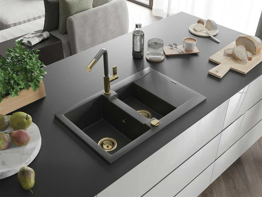 Granitinė virtuvinė plautuvė Mexen Gaspar su maišytuvu ir sifonu, Juodas granite+Juodas granite/Gold