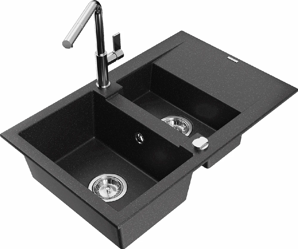 Granitinė virtuvinė plautuvė Mexen Gaspar su maišytuvu ir sifonu, Metallic juodas/sidabrinis+Chrome