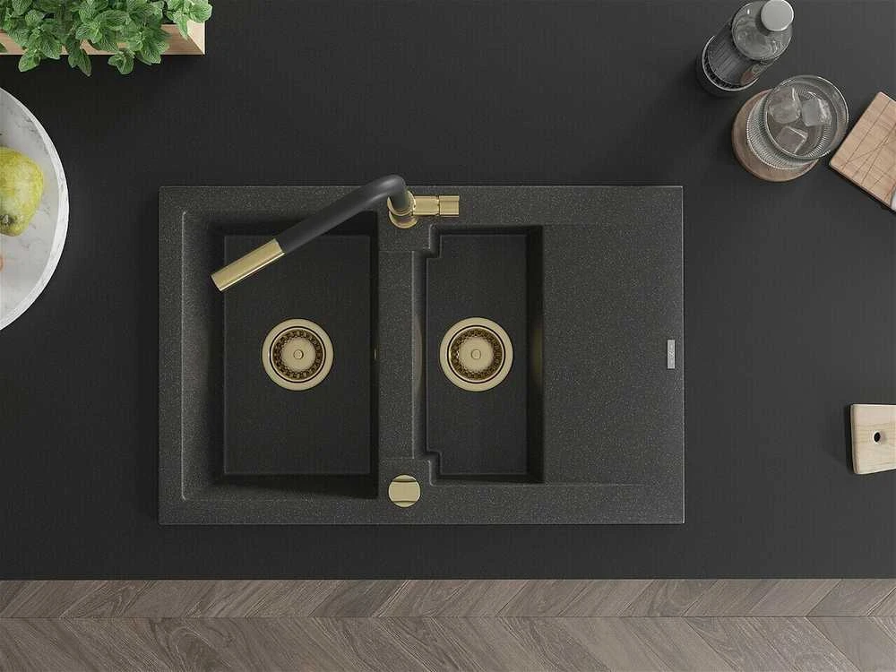 Granitinė virtuvinė plautuvė Mexen Gaspar su maišytuvu ir sifonu, Juodas granite+Juodas/Gold