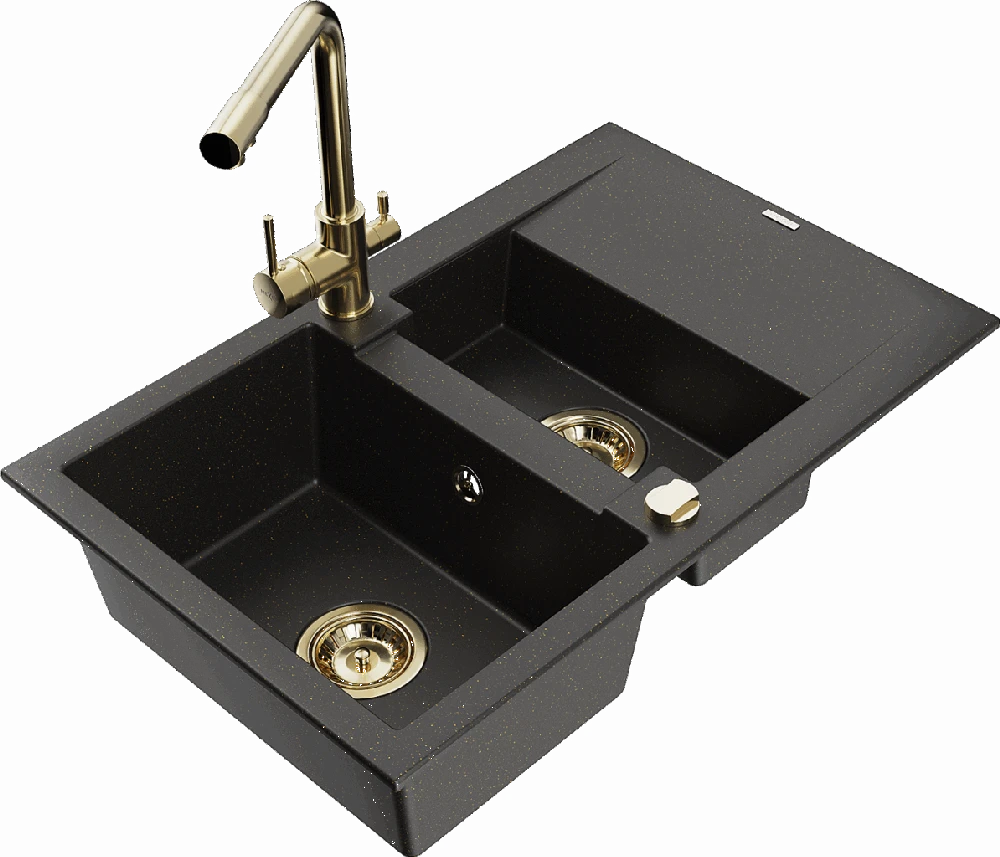 Granitinė virtuvinė plautuvė Mexen Gaspar su maišytuvu ir sifonu, Metallic juodas/auksinis+Gold