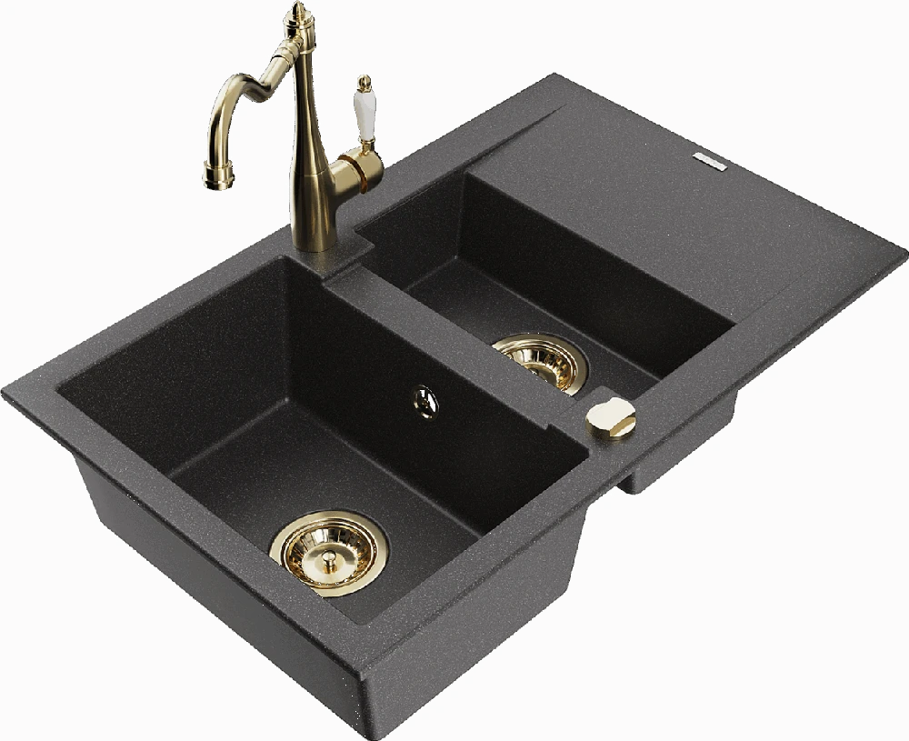 Granitinė virtuvinė plautuvė Mexen Gaspar su maišytuvu ir sifonu, Juodas granite+Gold