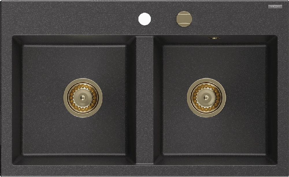 Granitinė virtuvinė plautuvė Mexen Hektor su sifonu, Juodas granite+Gold, 800 x 480 mm