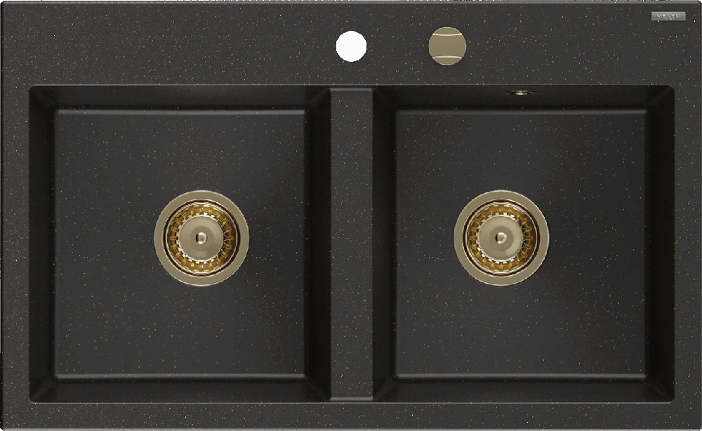 Granitinė virtuvinė plautuvė Mexen Hektor su sifonu, Metallic juodas/auksinis+Gold, 800 x 480 mm