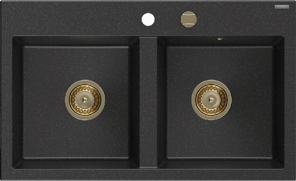 Granitinė virtuvinė plautuvė Mexen Hektor su sifonu, Metallic juodas/sidabrinis+Gold, 800 x 480 mm