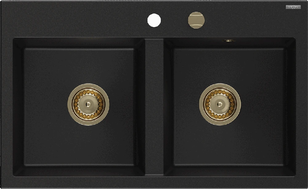 Granitinė virtuvinė plautuvė Mexen Hektor su sifonu, Juodas+Gold, 800 x 480 mm