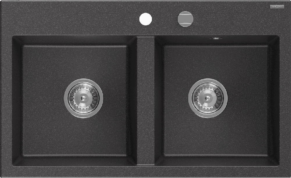 Granitinė virtuvinė plautuvė Mexen Hektor su sifonu, Juodas granite+Chrome, 800 x 480 mm