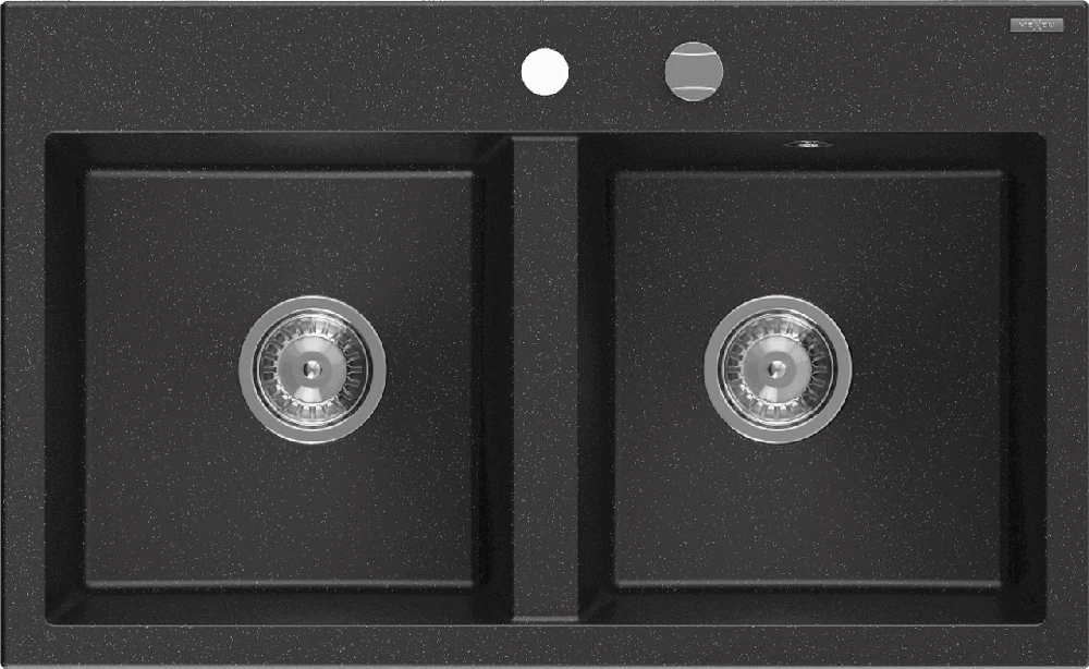 Granitinė virtuvinė plautuvė Mexen Hektor su sifonu, Metallic juodas/sidabrinis+Chrome, 800 x 480 mm