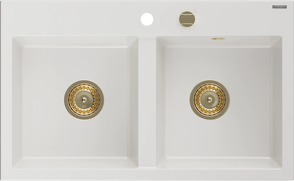 Granitinė virtuvinė plautuvė Mexen Hektor su sifonu, Baltas+Gold, 800 x 480 mm