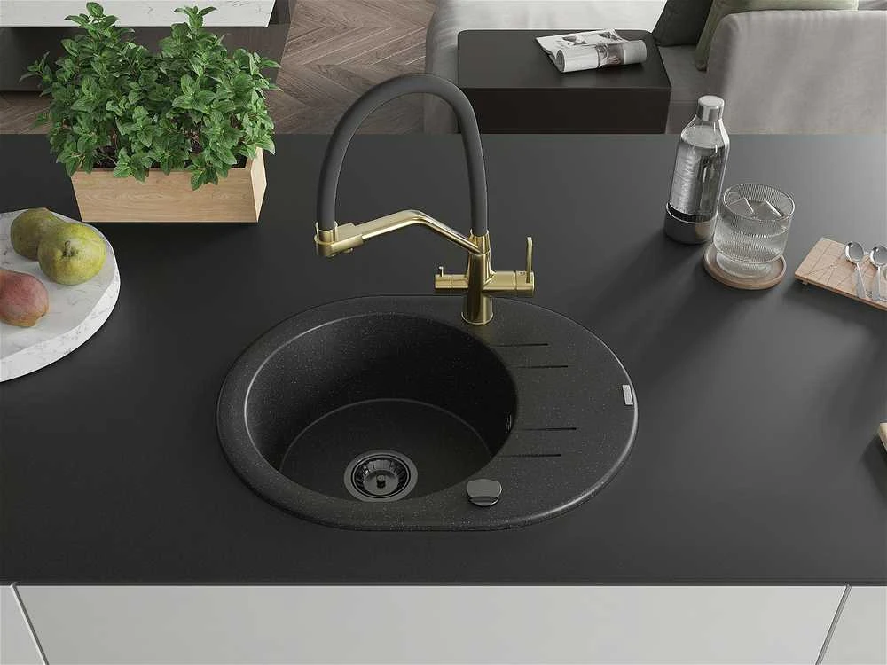 Granitinė virtuvinė plautuvė Mexen Kevin su maišytuvu ir sifonu, Metallic juodas/sidabrinis+Juodas/Gold