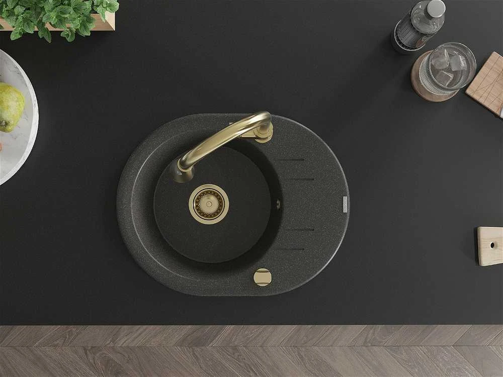 Granitinė virtuvinė plautuvė Mexen Kevin su maišytuvu ir sifonu, Juodas granite+Gold