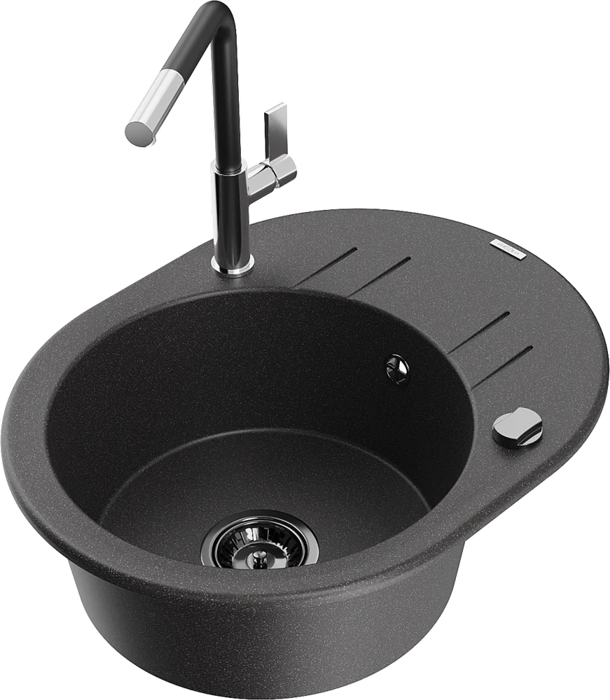 Granitinė virtuvinė plautuvė Mexen Kevin su maišytuvu ir sifonu, Juodas granite+Juodas/Chrome
