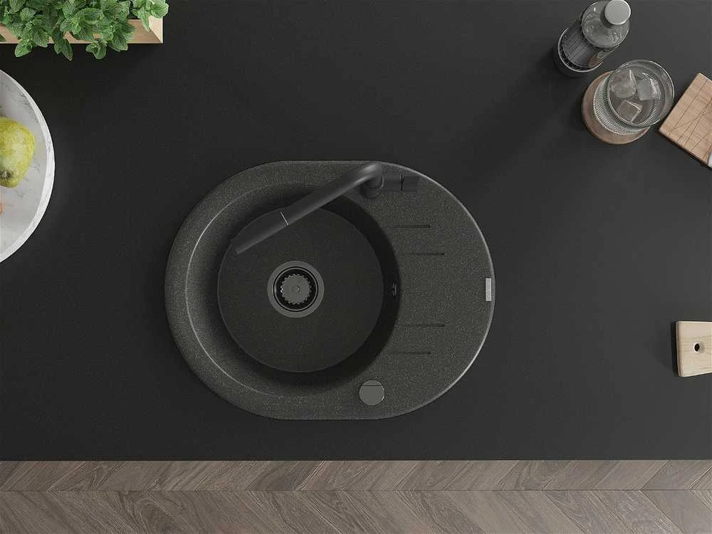 Granitinė virtuvinė plautuvė Mexen Kevin su maišytuvu ir sifonu, Juodas granite+Juodas