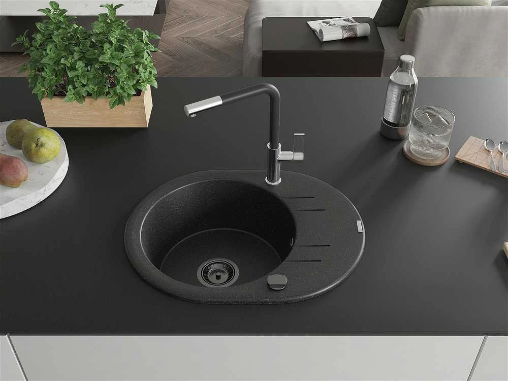 Granitinė virtuvinė plautuvė Mexen Kevin su maišytuvu ir sifonu, Metallic juodas/sidabrinis+Juodas/Chrome