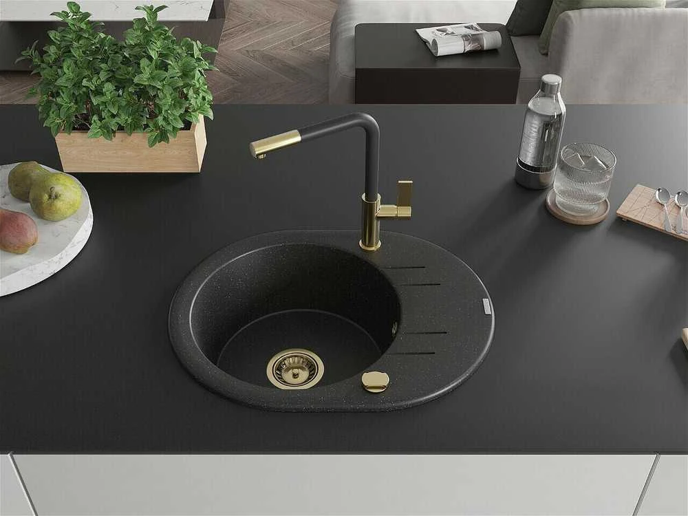 Granitinė virtuvinė plautuvė Mexen Kevin su maišytuvu ir sifonu, Metallic juodas/sidabrinis+Juodas/Gold