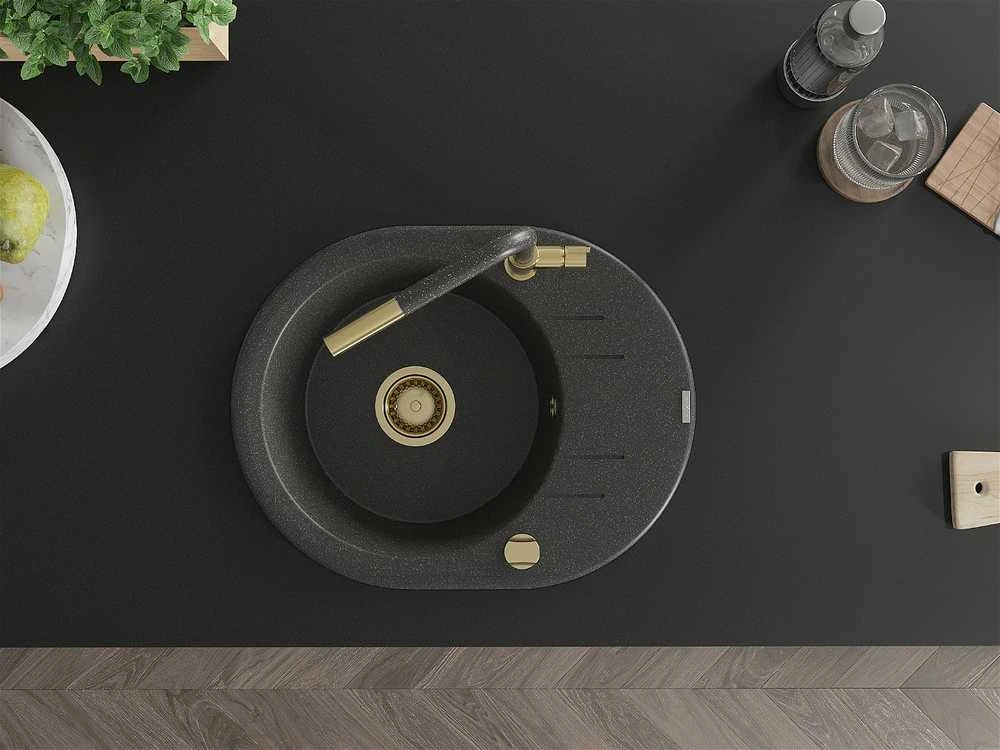 Granitinė virtuvinė plautuvė Mexen Kevin su maišytuvu ir sifonu, Juodas granite+Juodas granite/Gold