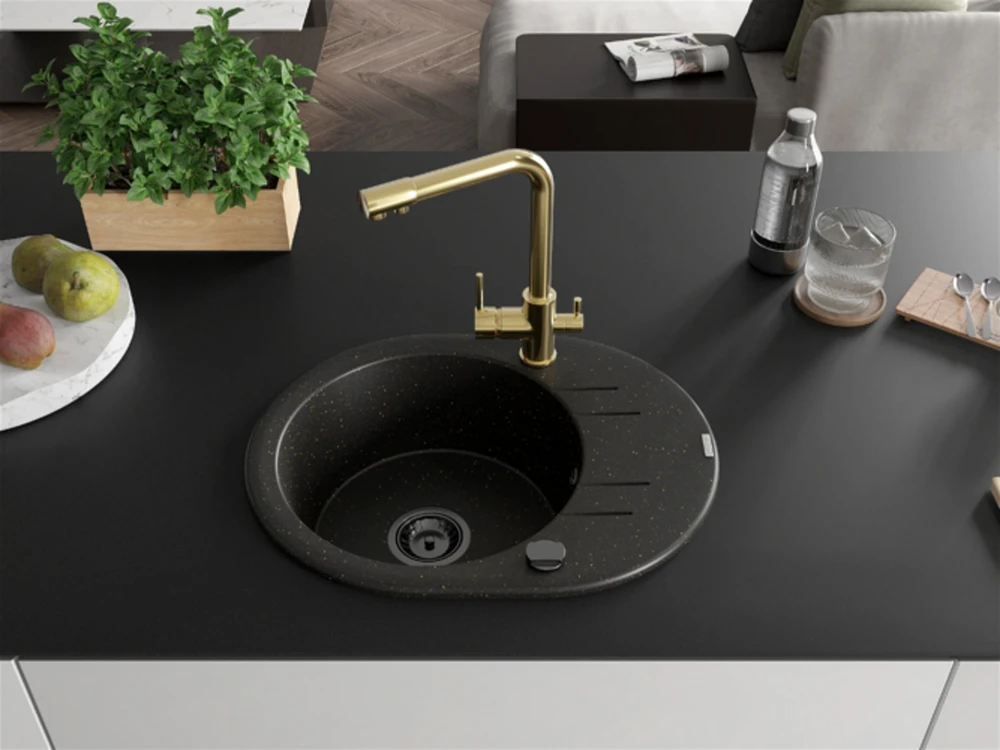 Granitinė virtuvinė plautuvė Mexen Kevin su maišytuvu ir sifonu, Metallic juodas/auksinis+Gold(B)