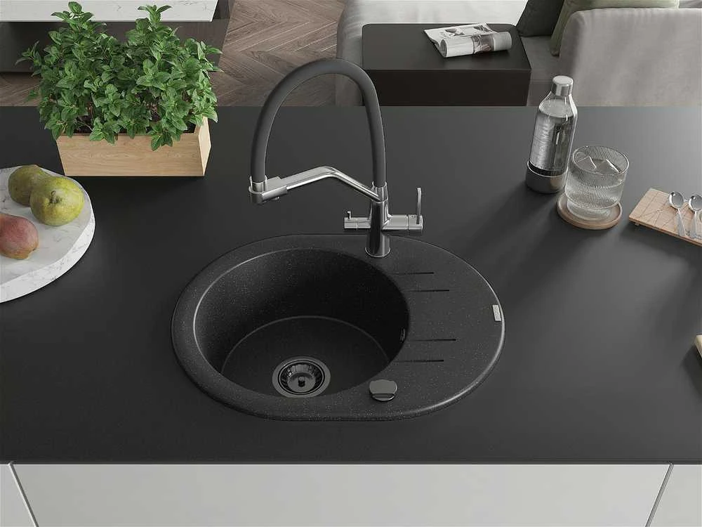 Granitinė virtuvinė plautuvė Mexen Kevin su maišytuvu ir sifonu, Metallic juodas/sidabrinis+Juodas/Chrome