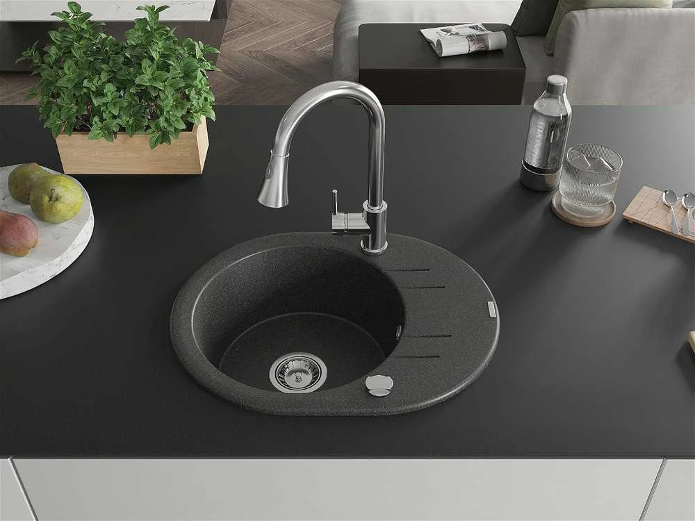 Granitinė virtuvinė plautuvė Mexen Kevin su maišytuvu ir sifonu, Juodas granite+Chrome