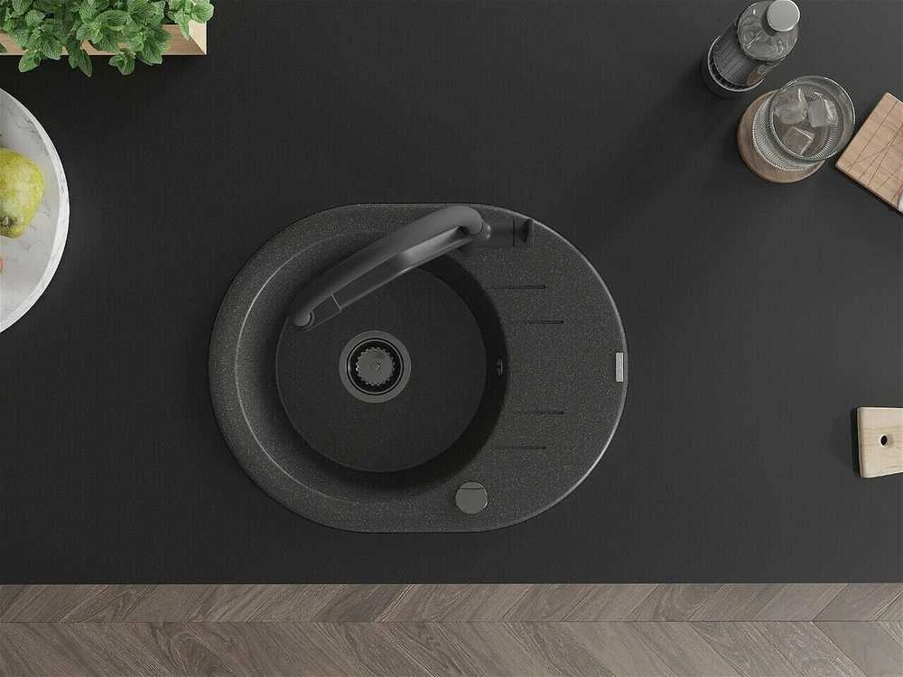 Granitinė virtuvinė plautuvė Mexen Kevin su maišytuvu ir sifonu, Juodas granite+Juodas