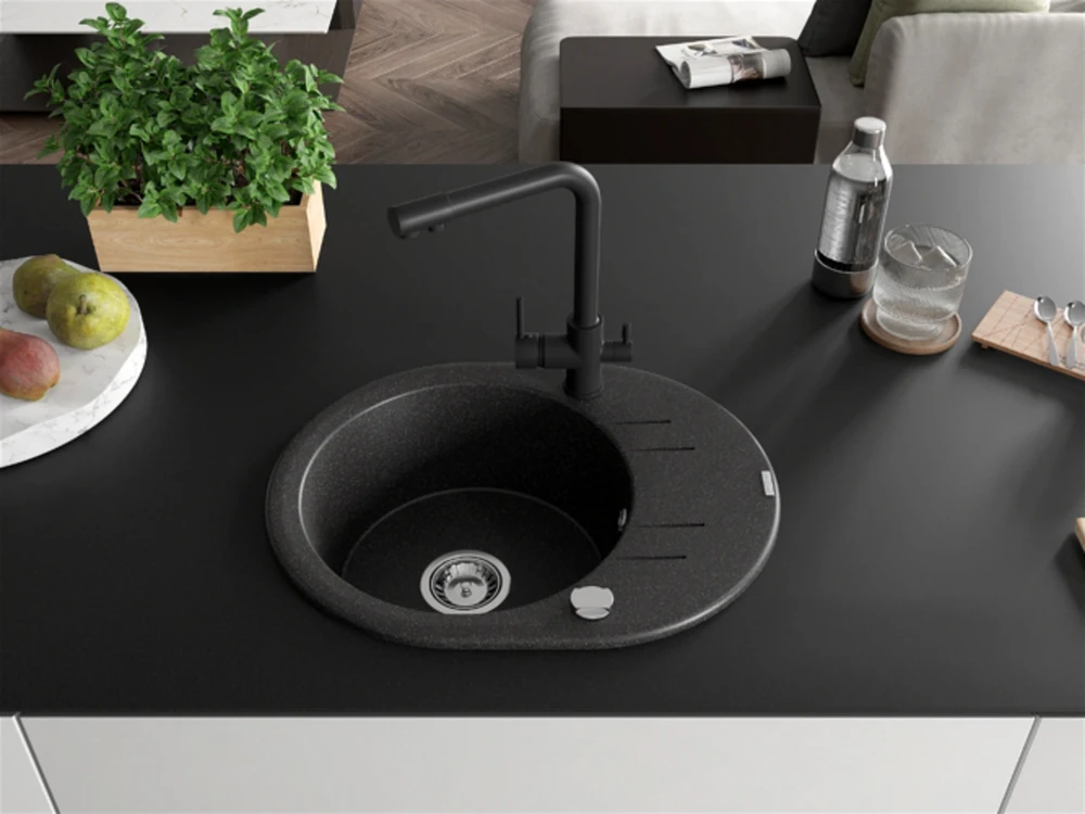Granitinė virtuvinė plautuvė Mexen Kevin su maišytuvu ir sifonu, Juodas granite+Juodas