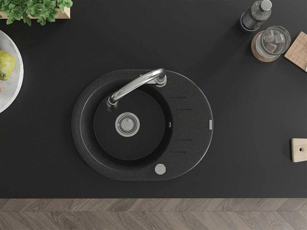 Granitinė virtuvinė plautuvė Mexen Kevin su maišytuvu ir sifonu, Metallic juodas/sidabrinis+Chrome