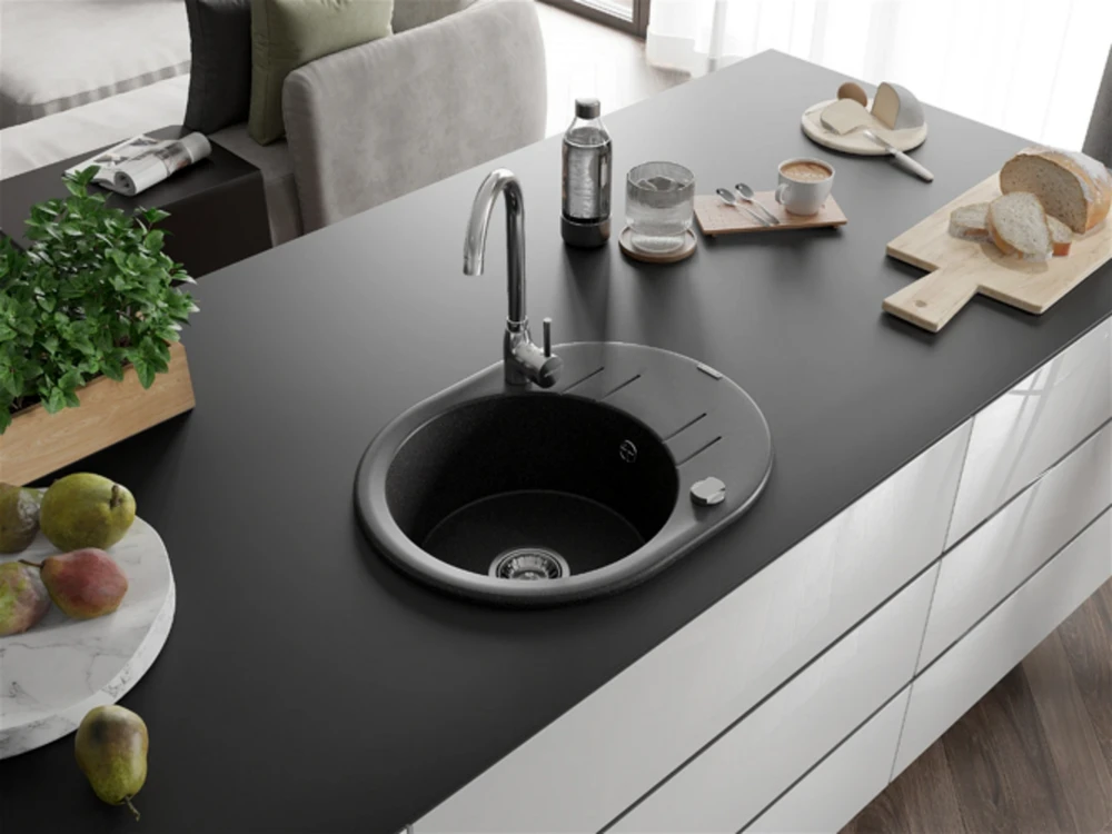 Granitinė virtuvinė plautuvė Mexen Kevin su maišytuvu ir sifonu, Juodas granite+Chrome