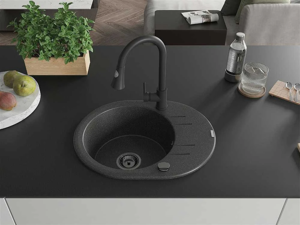 Granitinė virtuvinė plautuvė Mexen Kevin su maišytuvu ir sifonu, Juodas granite+Juodas