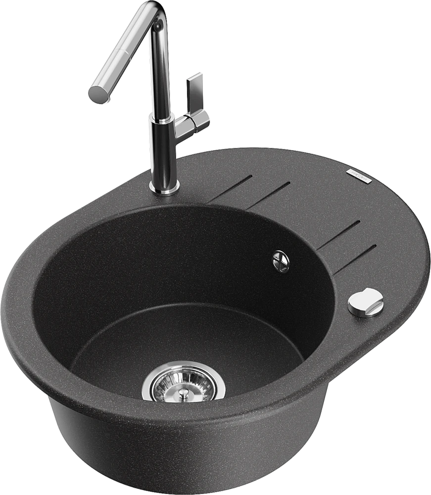 Granitinė virtuvinė plautuvė Mexen Kevin su maišytuvu ir sifonu, Juodas granite+Chrome