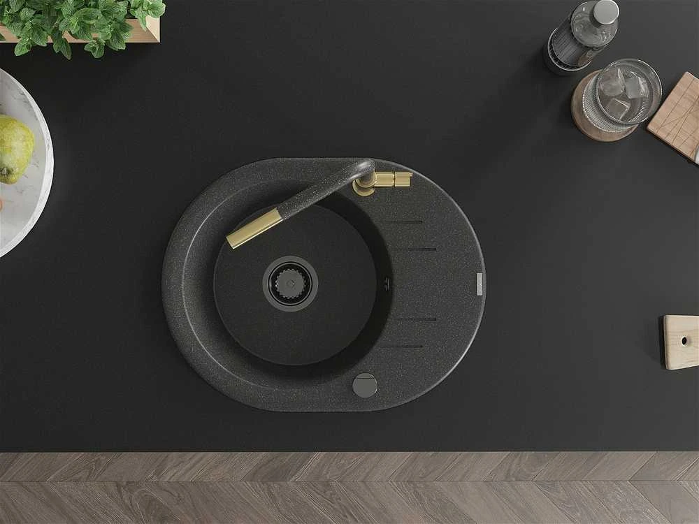 Granitinė virtuvinė plautuvė Mexen Kevin su maišytuvu ir sifonu, Juodas granite+Juodas granite/Gold