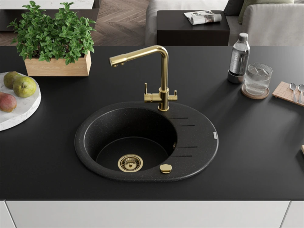 Granitinė virtuvinė plautuvė Mexen Kevin su maišytuvu ir sifonu, Metallic juodas/sidabrinis+Gold