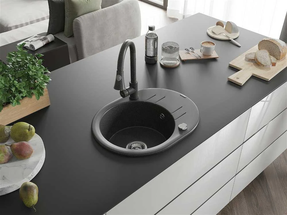 Granitinė virtuvinė plautuvė Mexen Kevin su maišytuvu ir sifonu, Juodas granite