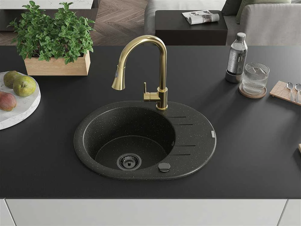 Granitinė virtuvinė plautuvė Mexen Kevin su maišytuvu ir sifonu, Metallic juodas/auksinis+Gold