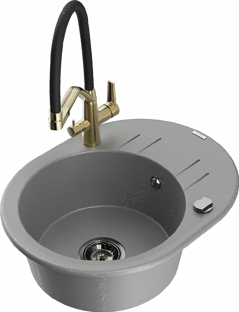 Granitinė virtuvinė plautuvė Mexen Kevin su maišytuvu ir sifonu, Pilkas+Juodas/Gold