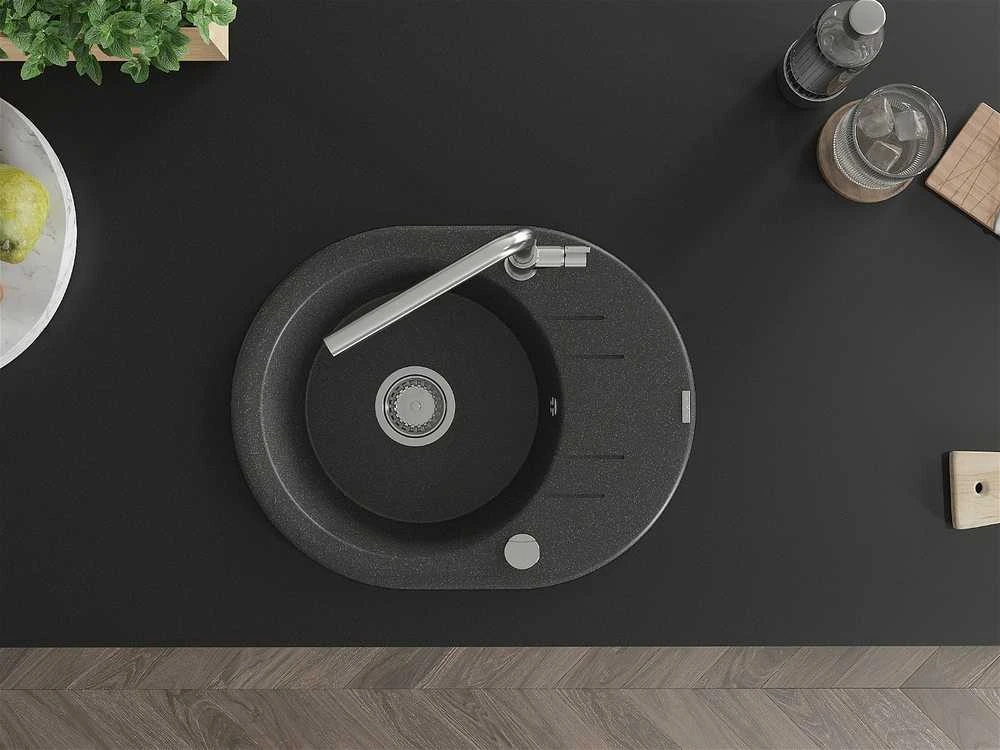 Granitinė virtuvinė plautuvė Mexen Kevin su maišytuvu ir sifonu, Juodas granite+Chrome