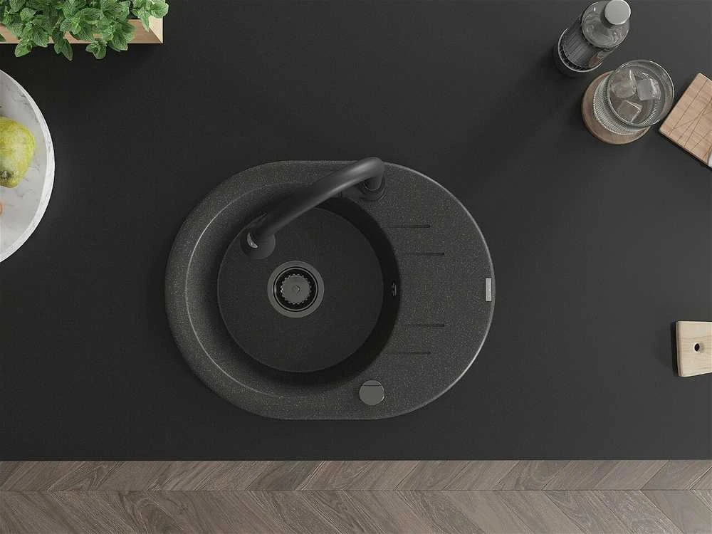 Granitinė virtuvinė plautuvė Mexen Kevin su maišytuvu ir sifonu, Juodas granite+Juodas