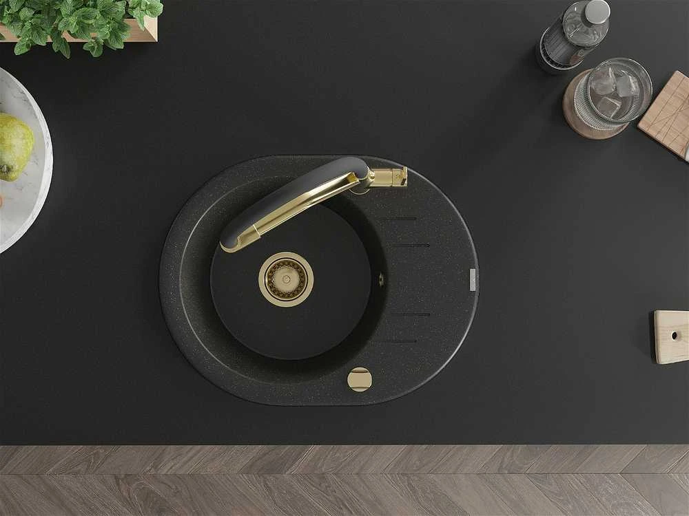 Granitinė virtuvinė plautuvė Mexen Kevin su maišytuvu ir sifonu, Metallic juodas/sidabrinis+Juodas/Gold