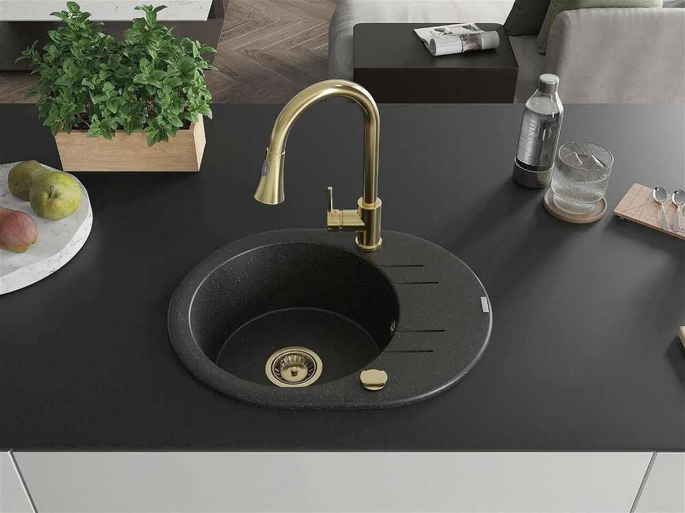 Granitinė virtuvinė plautuvė Mexen Kevin su maišytuvu ir sifonu, Metallic juodas/sidabrinis+Gold