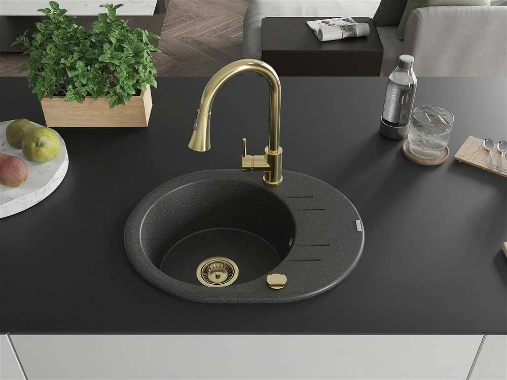 Granitinė virtuvinė plautuvė Mexen Kevin su maišytuvu ir sifonu, Juodas granite+Gold