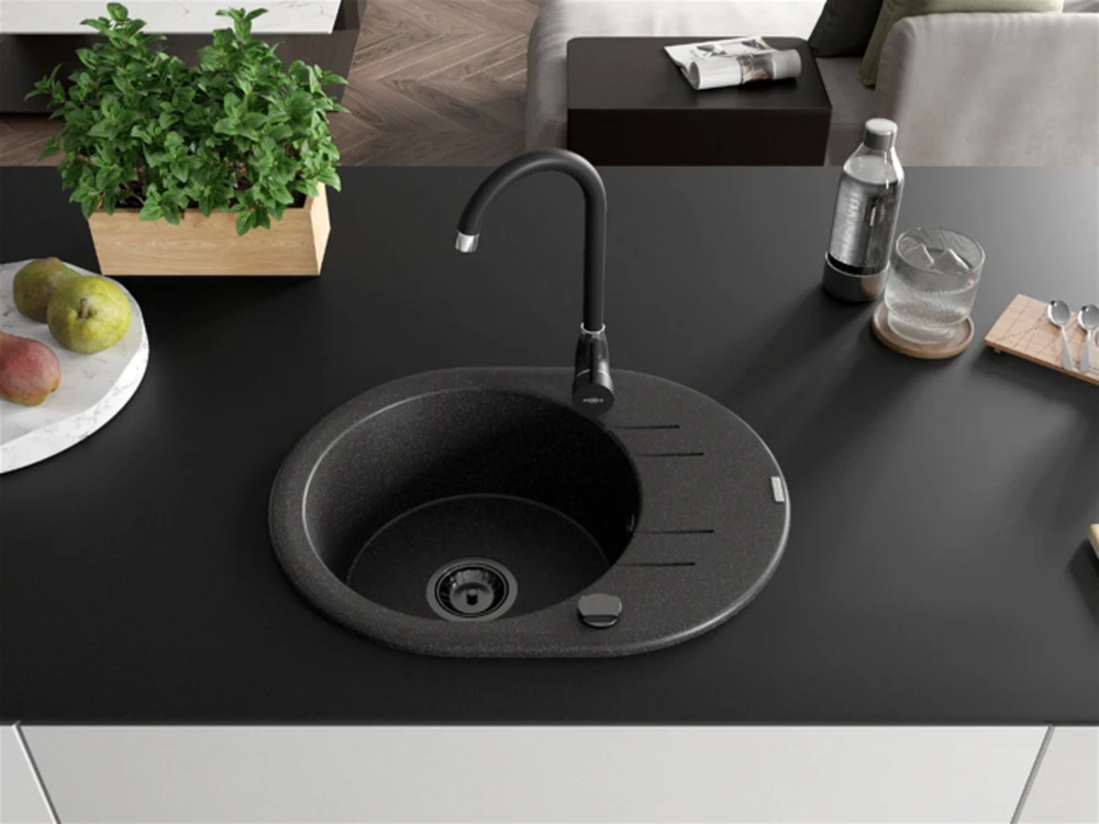 Granitinė virtuvinė plautuvė Mexen Kevin su maišytuvu ir sifonu, Juodas granite+Juodas(B)