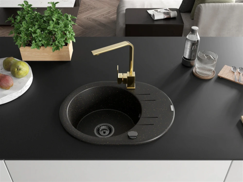 Granitinė virtuvinė plautuvė Mexen Kevin su maišytuvu ir sifonu, Metallic juodas/auksinis+Gold(B)