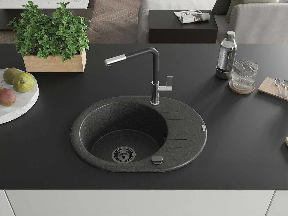 Granitinė virtuvinė plautuvė Mexen Kevin su maišytuvu ir sifonu, Juodas granite+Juodas/Chrome