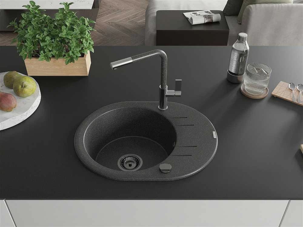 Granitinė virtuvinė plautuvė Mexen Kevin su maišytuvu ir sifonu, Juodas granite+Juodas granite/Chrome