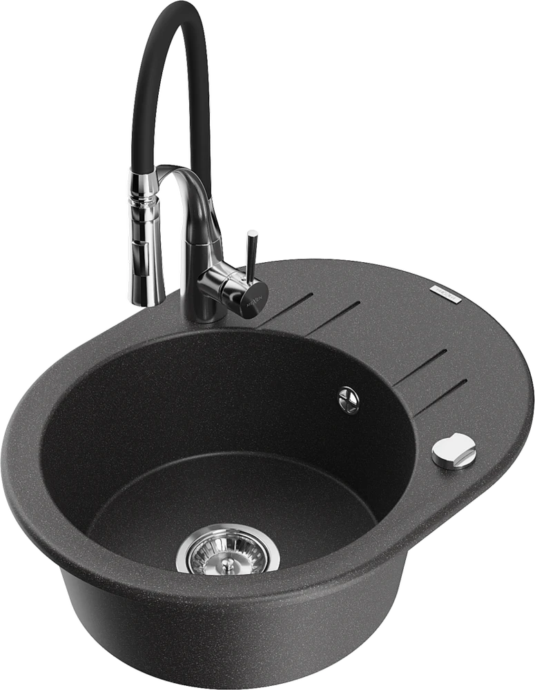Granitinė virtuvinė plautuvė Mexen Kevin su maišytuvu ir sifonu, Juodas granite+Juodas/Chrome