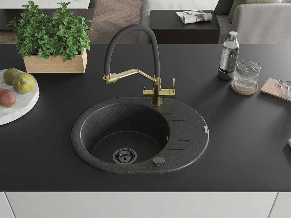 Granitinė virtuvinė plautuvė Mexen Kevin su maišytuvu ir sifonu, Juodas granite+Juodas/Gold